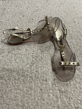 Stuart Weitzman Womens 6 EU36 Clear Aria Gold Bow Jelly Sandals Studded Strappy